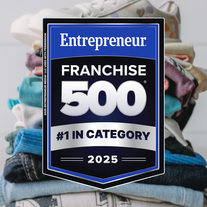 Badge of Franchise 500, #1 in category 2024 with the stack of clothes in background